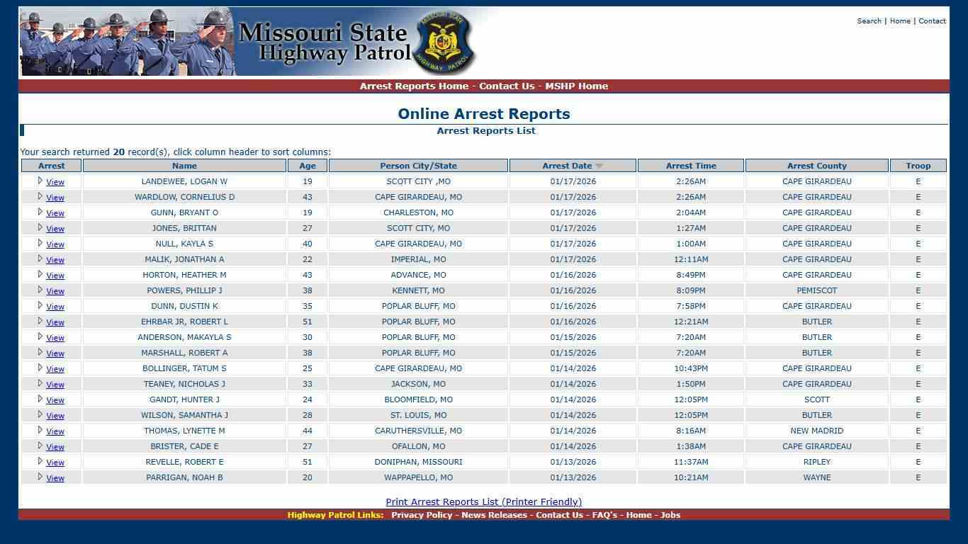 Missouri State Highway Patrol - Arrest Reports List